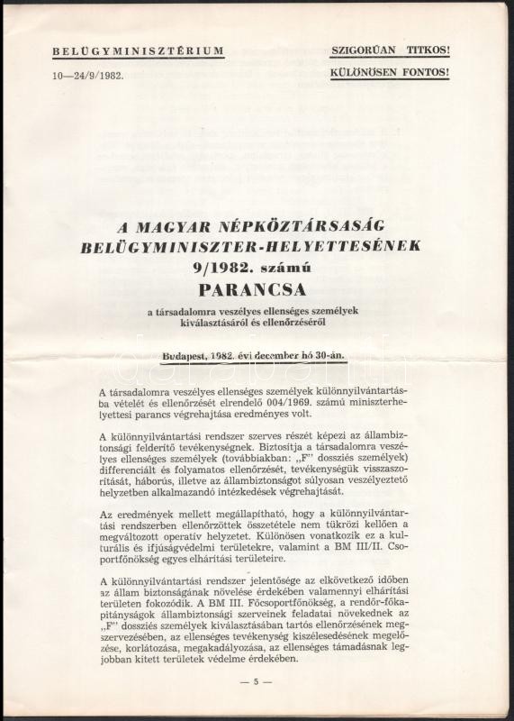 1982 A Magyar Népköztársaság Belügyminiszter-helyettesének 9/1982. számú parancsa a társadalomra veszélye és ellenséges személyek kiválasztásáról és ellenőrzéséről SZT dokumentum 12 p - Image 2