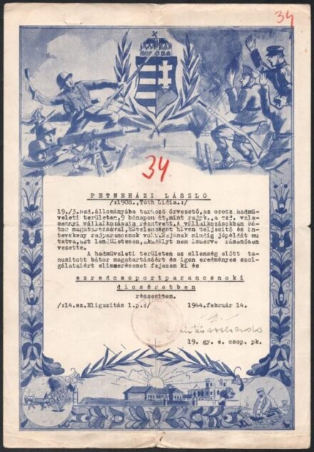 1944 Ezredcsoportparancsnoki dicséret orosz fronton szoltálatot teljesített őrvezető részére 22x30 cm Hajtva