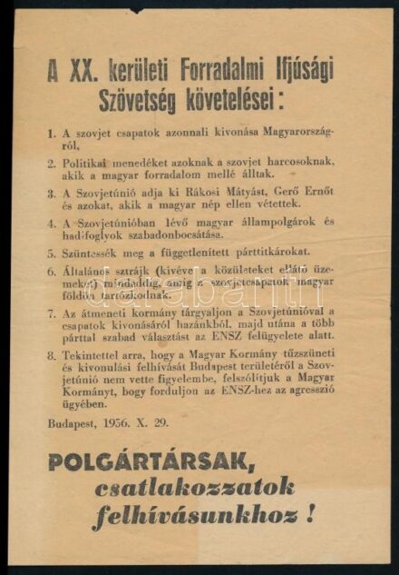 1956 a XX. kerületi forradalmi ifjúság röplapja