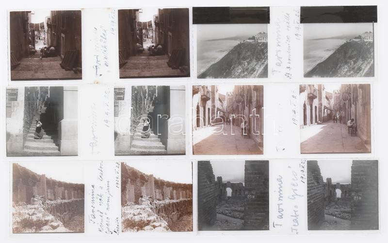 1929-1939 Taormina látnivalói, 4 db kis doboznyi üveglemez pozitív, 4,5×10,5 cm