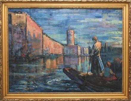 Zágon Gyula (1904-1990): Ladik paraszttal (Szigetvár). Olaj, vászon, jelzett, sérülésekkel, kopott, sérült keretben. 60x80 cm