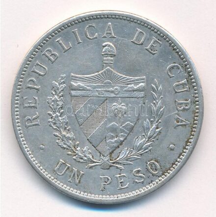 Kuba 1933. 1P Ag T:2 patina, ph, kis karc Cuba 1933. 1 Peso Ag C:XF patina, edge error, small scratches Krause KM#15.2