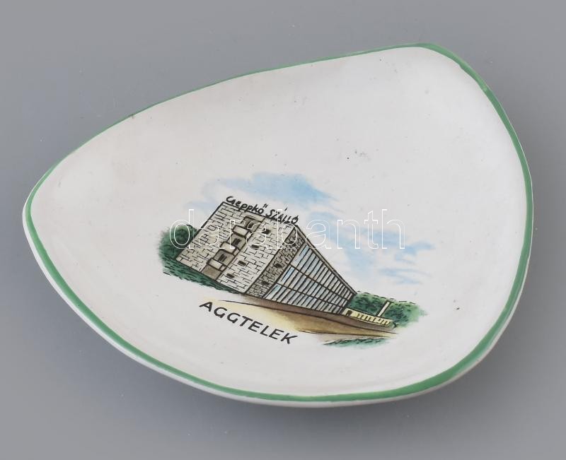 Bodrogkeresztúri kerámia tálka, Aggtelek Cseppkő Szálló mintával, 1970-es évek. Részben kézzel festett, matricával jelzett, minimális kopással, 11x11 cm