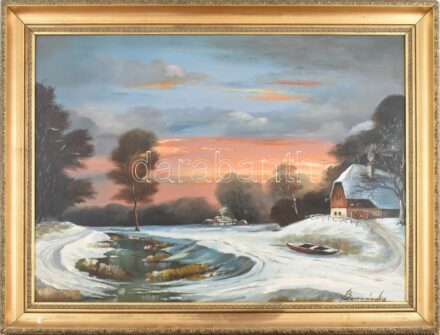 Olvashatatlan jelzéssel: Téli fények. Olaj, fa. Dekoratív fa keretben, 50×70 cm