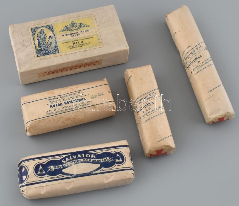 cca 1930-1945 5 csomag bontatlan régi kötszer, Salvator Kötszergyár Rt. és Magyar Kötszerművek Rt.