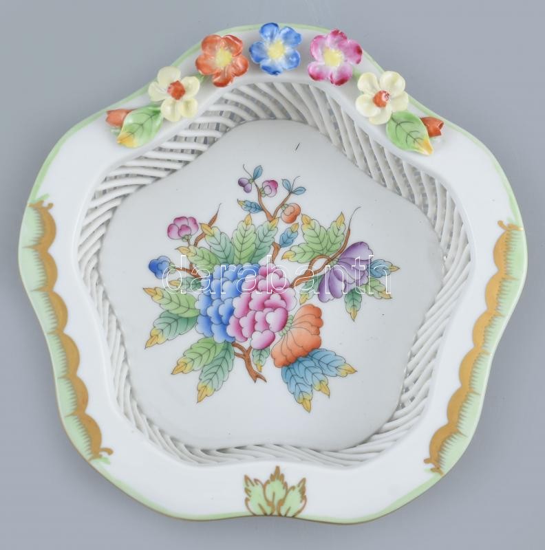 Herendi Viktória mintás fonott tálka. Kézzel festett, jelzett, jelzett, hibátlan. D:15 cm