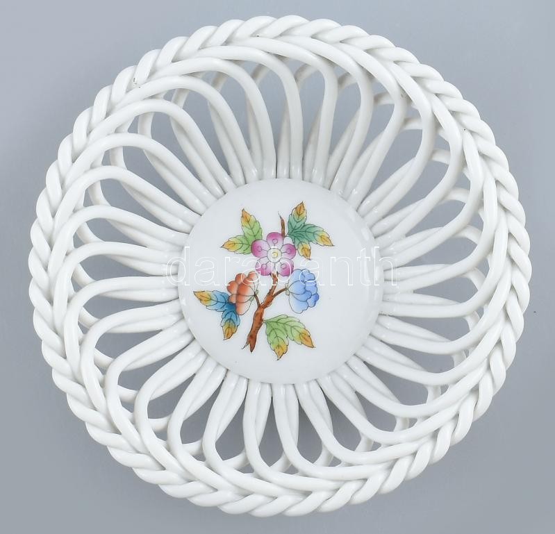 Herendi Viktória mintás fonott tálka. Kézzel festett, jelzett, hibátlan. d: 13 cm