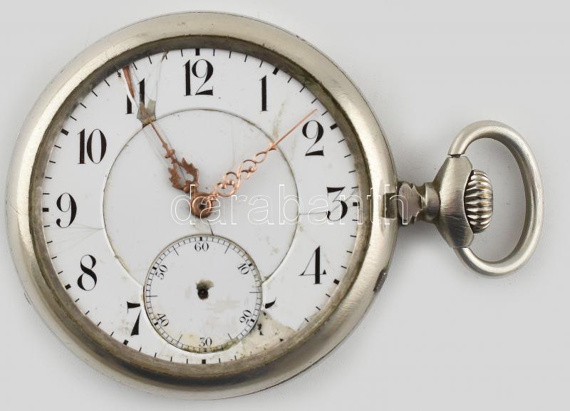 Régi fémtokos zsebóra, jelzett szerkezettel, sérült számlappal, nem működik, d: 49 mm