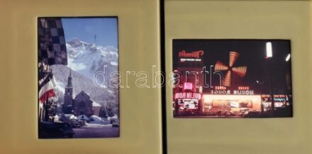 cca 1960-1970 2 db színes diakép (Moulin Rouge, francia Alpok), 5x5 cm