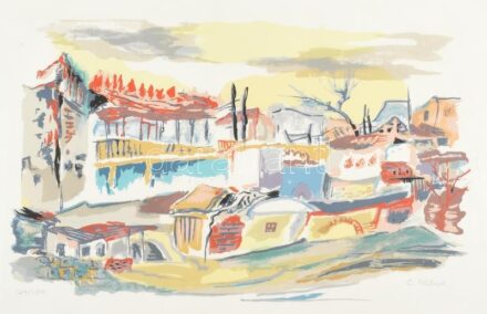 Szilárd Klára (Claire Szilard, 1921-2017): Táj. Szitanyomat, papír, jelzett. Számozott: 124/150. Üvegezett fa keretben, 33×48 cm