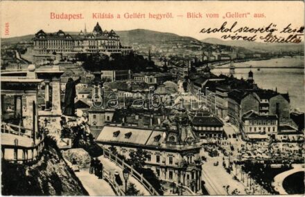 1909 Budapest I. Kilátás a Gellérthegyről, Tabán, piac, vár, Döbrentei tér, Stósz-féle vendéglő, Rácz fürdő, fodrász. Taussig A. 10648.