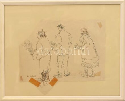 Szilárd Klára (Claire Szilard, 1921-2017): Sorbanállás csokorral. Tus, papír, jelzett. Lap széle vágott és ragasztott. Üvegezett fa keretben, 19×26 cm