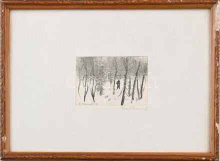 Vasil Ivanof (?-?): Erdőrészlet. Vegyes technika, papír. 8x6 cm. Üvegezett, sérült fakeretben.