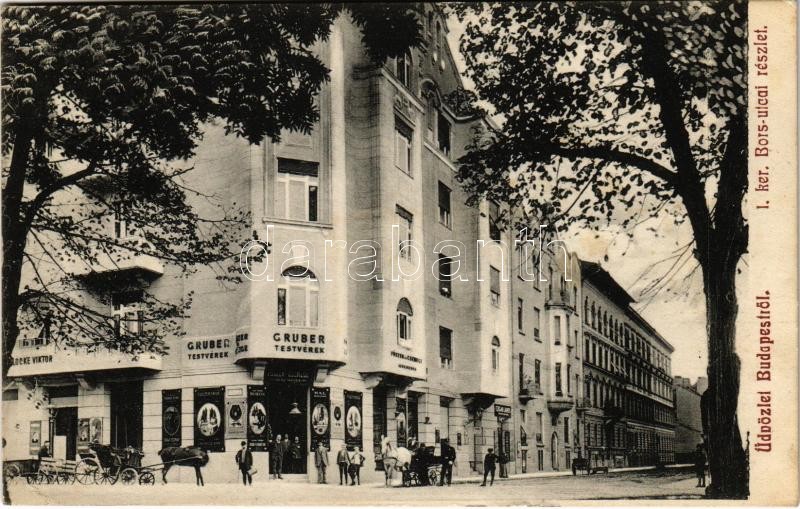 1911 Budapest XII. Krisztinaváros, Gruber Testvérek üzlete és saját kiadása, Czigan János és Locke Viktor üzlete, Bors utcai részlet. Csaba utca 3. és a Hajnóczy József utca (Rb)