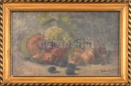 Olvashatatlan (Sándor?) jelzéssel: Csendélet. Olaj, vászon, sérült Dekoratív, kissé sérült fakeretben. 30x49 cm.