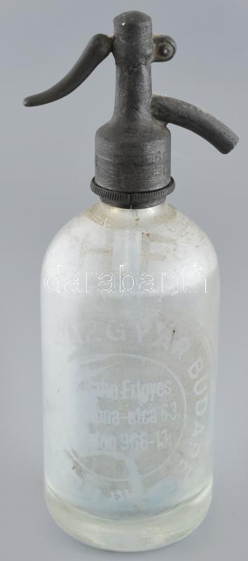 Flóra szikvízgyár Budapest, feliratos, halas figurális, dombornyomott szikvizes, szódás üveg. m:27cm