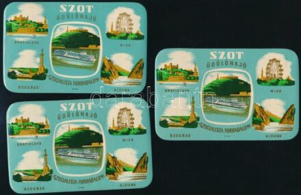 cca 1960-1970 3 db SZOT üdülőhajó bőröndcímke