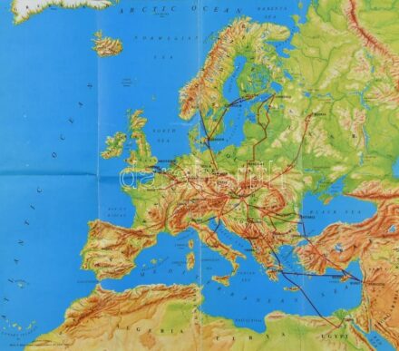 cca 1970-1980 MALÉV repülőjáratainak útvonaltérképe, angol nyelvű reklámkiadvány, 47x33 cm / MALÉV Hungarian Airlines route map, 47x33 cm
