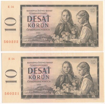 Csehszlovákia 1960. 10K (2x) sorszámkövetők 'E56 560221 - E56 560222' T:I Czechoslovakia 1960. 10 Korun (2x) consecutive serials 'E56 560221 - E56 560222' C:UNC