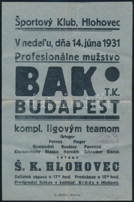 1931 Futball mérkőzés kisplakátja - BAK TK. Budapest, hajtott, 23×15 cm