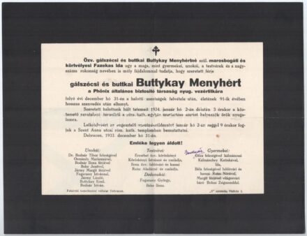 1933 Debrecen, gálszécsi és buttkai Buttykay Menyhért (1845-1933), a Phőnix általános biztosító társaság volt vezértitkárának halotti értesítője