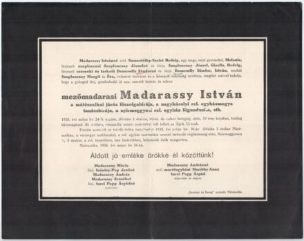 1935 Mátészalka, mezőmadarasi Madarassy István járási főszolgabíró, egyházmegyei tanácsbíró, egyházi főgondnok halotti értesítője