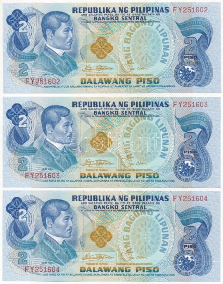 Fülöp-szigetek 1981-1983. 2P (3x) sorszámkövetők 'FY251602 - FY251604' T:I Philippines 1981-1983. 2 Piso (3x) consecutive serials 'FY251602 - FY251604' C:UNC