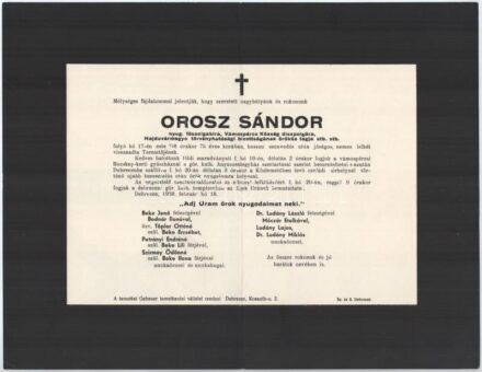 1939 Debrecen, Orosz Sándor nyug. főszolgabíró, Vámospércs község díszpolgárának halotti értesítője
