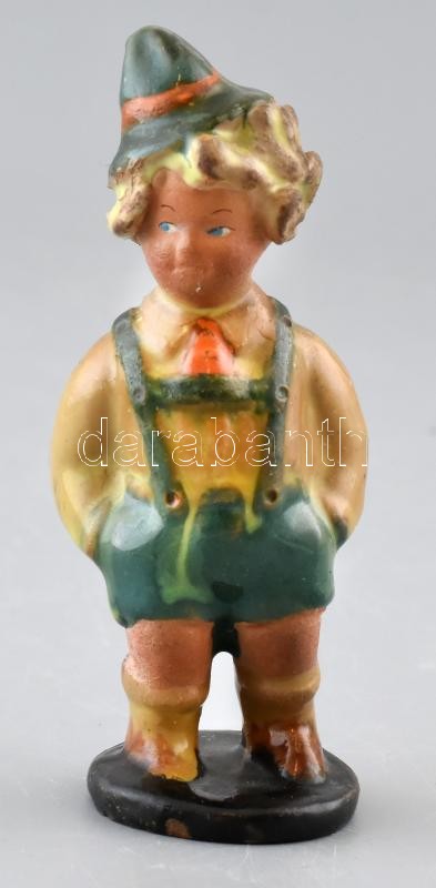 Szécsi kerámia fiú figura. Kézzel festett, mázas kerámia, jelzett, kopásokkal. m: 11 cm
