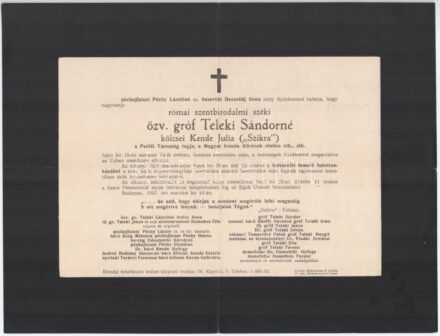 1937 Bp., özv. gróf Teleki Sándorné, szül. Kende Júlia (1864-1937) 'Szikra', író, újságíró, a Petőfi Társaság tagja, a Magyar Írónők Körének elnöke halotti értesítője