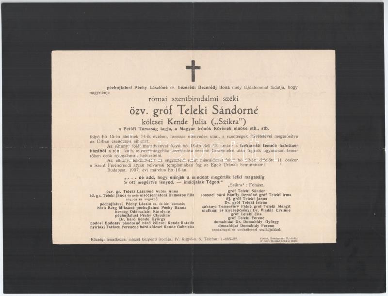 1937 Bp., özv. gróf Teleki Sándorné, szül. Kende Júlia (1864-1937) 'Szikra', író, újságíró, a Petőfi Társaság tagja, a Magyar Írónők Körének elnöke halotti értesítője