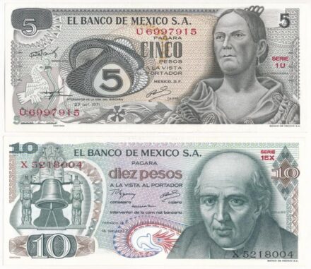 Mexikó 1971. 5P 'U6997915' + 1977. 10P 'X5218004' T:I,I- Mexico 1971. 5 Pesos 'U6997915' + 1977. 10 Pesos 'X5218004' C:UNC,AU