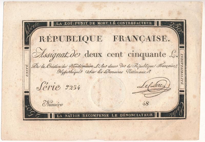 Franciaország 1793. 250L vízjeles papíron '7254 48' T:II,II- fo. France 1793. 250 Livres on watermarked paper '7254 48' C:XF,VF spotted