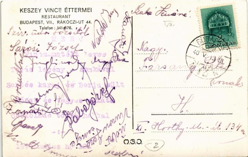 1940 Budapest VII. Keszey Vince éttermei, belső, Salvator sör. Rákóczi út 44. Hátoldalon menüsor - Image 2
