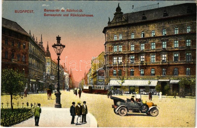 Budapest VIII. Baross tér és Rákóczi út, Központi szálloda, kávéház és étterem, Debreczen szálloda, üzletek, villamos, automobil