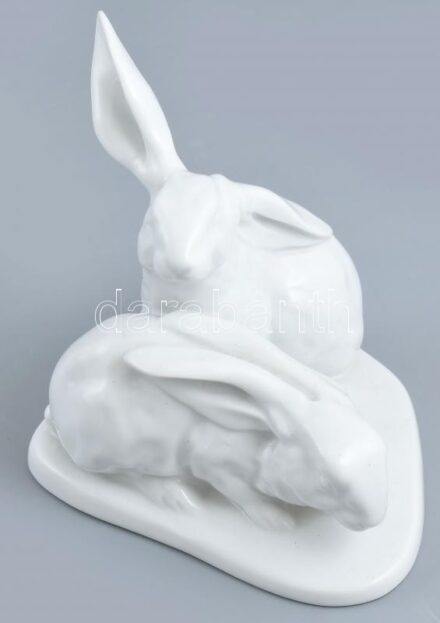 Herendi fehér mázas porcelán nyuszipár, hibátlan, jelzett, 13x14 cm