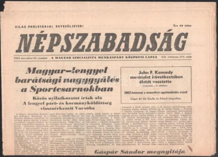 1963 A Népszabadság november 23. száma, benne a John F. Kennedy elleni merényletről szóló tudósítással.