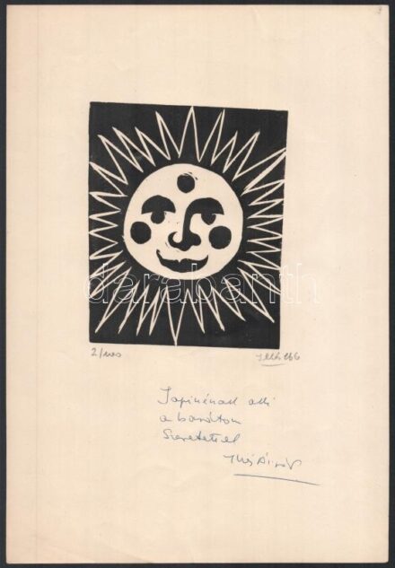 Illés Árpád (1908-1980): Napocska (cím nélkül). Linómetszet, papír, jelzett. Számozott: 2/100. Lap alján Illés Árpád autográf ajándékozási soraival. 13x10,5 cm