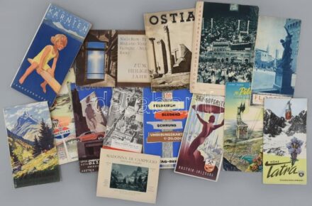 cca 1930-1960 14 db vegyes külföldi turisztikai, utazási prospektus, közte régiek grafikus borítókkal, térképekkel, képekkel illusztrálva