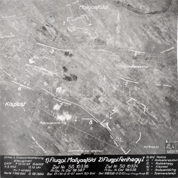 1945 Budapest, Mátyásföldi reptér, Ferihegyi reptér német katonai légi felderítő fotó 29x29 cm / German military scout photo