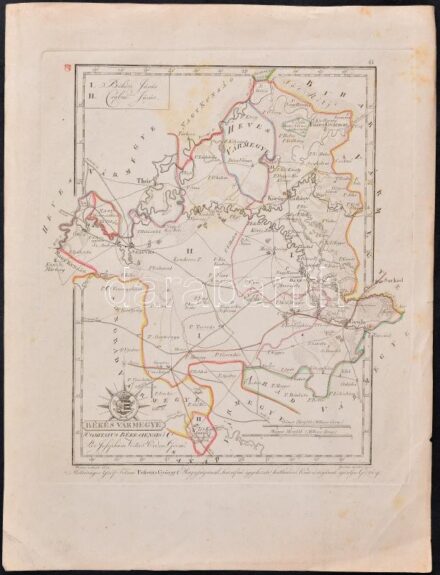 1802 Békés vármegye. Comitatus Békésiensis. Színezett rézmetszet, papír, 31×26,5 cm Békés vármegye közigazgatási térképe megyecímerrel, a járások, utak, települések, vízrajz, domborzat feltüntetésével, a budai