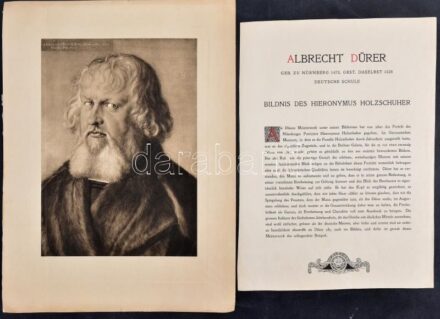 cca 1905 Albrecht Dürer után: Hieronymus Holzschuher portréja. Heliogravűr, papír, kissé sérült. Külön lapon német nyelvű leírással, 35×25 cm