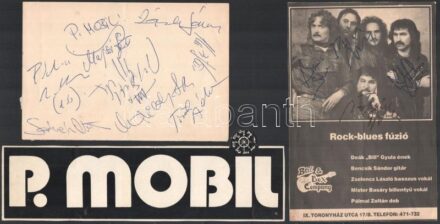 Magyar együttesek és zenészek aláírásai nyomtatványokon, kivágásokon, papírlapokon (P. Mobil, Bródy János, Nagy Feró, Bill&Box Company, stb.)