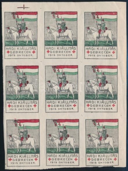 1915 Hadikiállítás Debrecen levélzáró vágott 9-es tömb / label block of 9