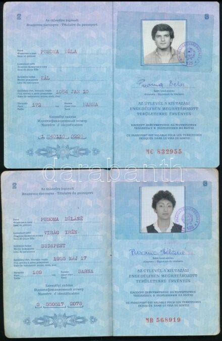 1988 4 db Magyar Népköztársaság által kiállított, fényképes 'kék' útlevél