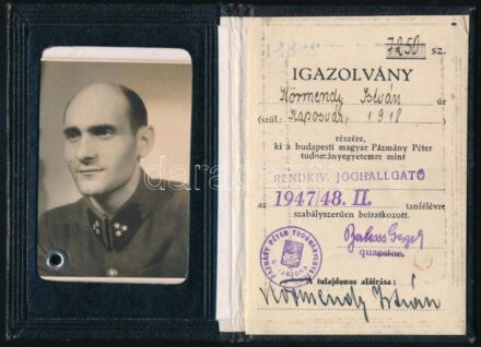 1947 Bp., a Pázmány Péter Tudományegyetem által kiállított fényképes diákigazolvány, egyenruhás katonafotóval