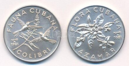 Kuba 1981. 5P Ag 'Kuba Állatvilága - Kolibri' + 1981. 5P Ag 'Kuba Növényvilága - Narancsvirág' T:1 Cuba 1981. 5 Pesos Ag 'Cuban Fauna - Colibri' + 1981. 5 Pesos Ag 'Cuban Flora - Orange blossom (Azahar)' C:UNC Krause KM#69, KM#75