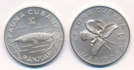 Kuba 1981. 5P Ag 'Kuba Állatvilága - Aligátorhal' + 1980. 5P Ag 'Kuba Növényvilága - Pillangóvirág' T:1 Cuba 1981. 5 Pesos Ag 'Cuban Fauna - Alligator gar fish (Manjuari)' + 1980. 5 Pesos Ag 'Cuban Flora - Butterfly Flower (Mariposa)'