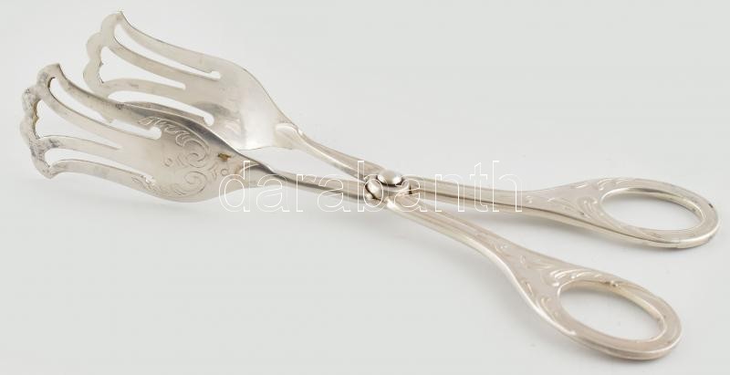 Ezüstözött alpakka teasütemény fogó, kopásnyomokkal, h:20cm