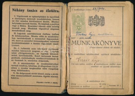 1940 Bp., iparostanonc-iskolai bizonyítvány és munkakönyv cukrász részére, sérült / ragasztott